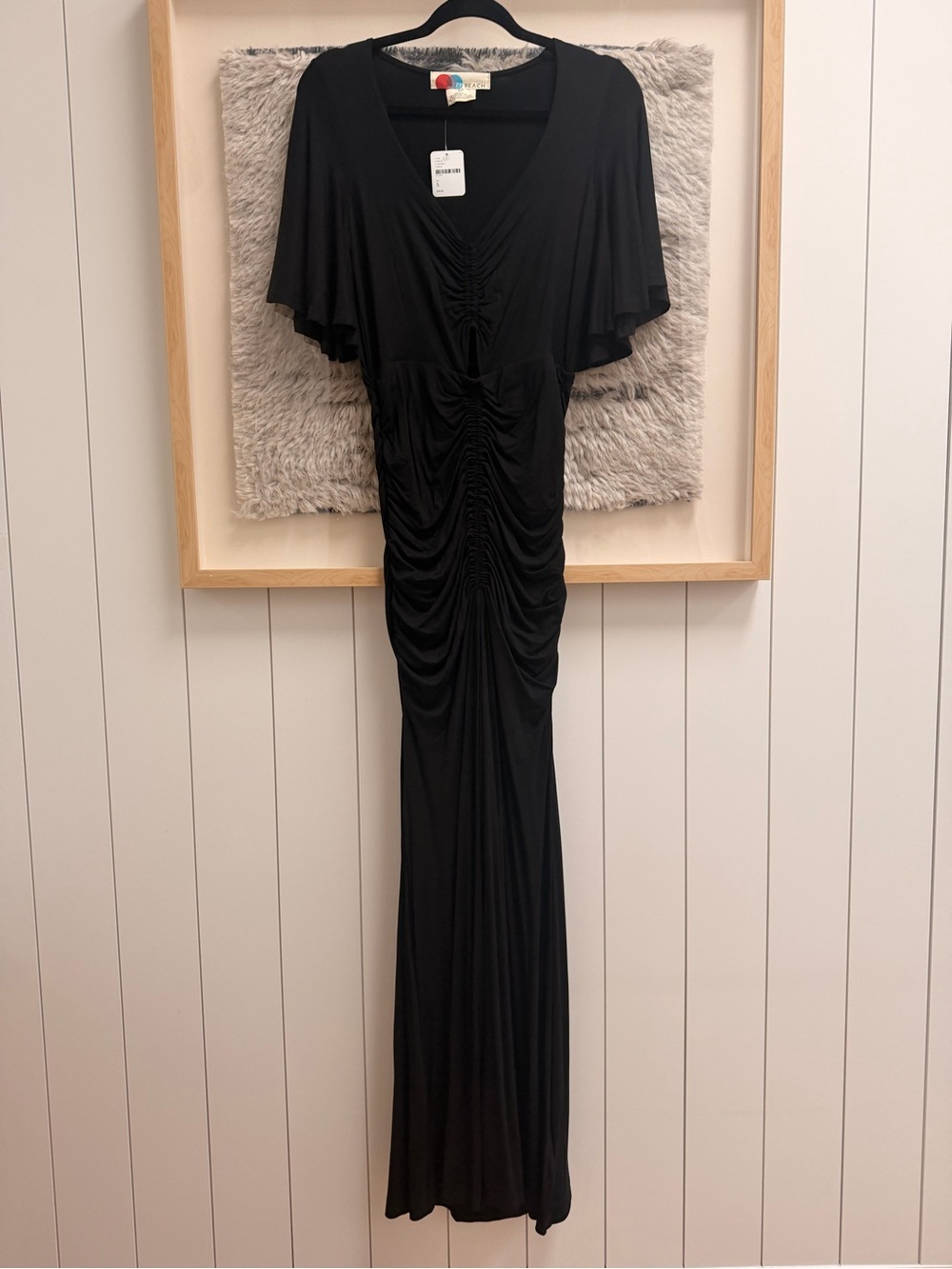 Free People Beach Black Ruched Maxi Dress with Flutter Sleeves